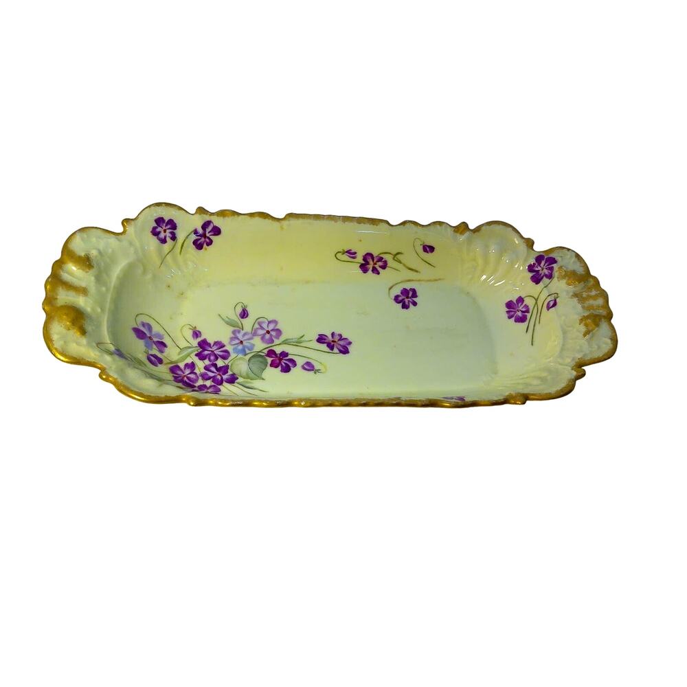 Antique T&V Limoges France Hand Painted Floral Tray Violets Scalloped Gold Rim - Picture 3 of 7